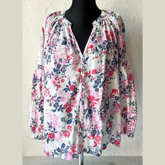 Gap Peasant Blouse Floral White Pink Red Blue V-Neck Pullover Top - Women's M - Picture 2 of 7